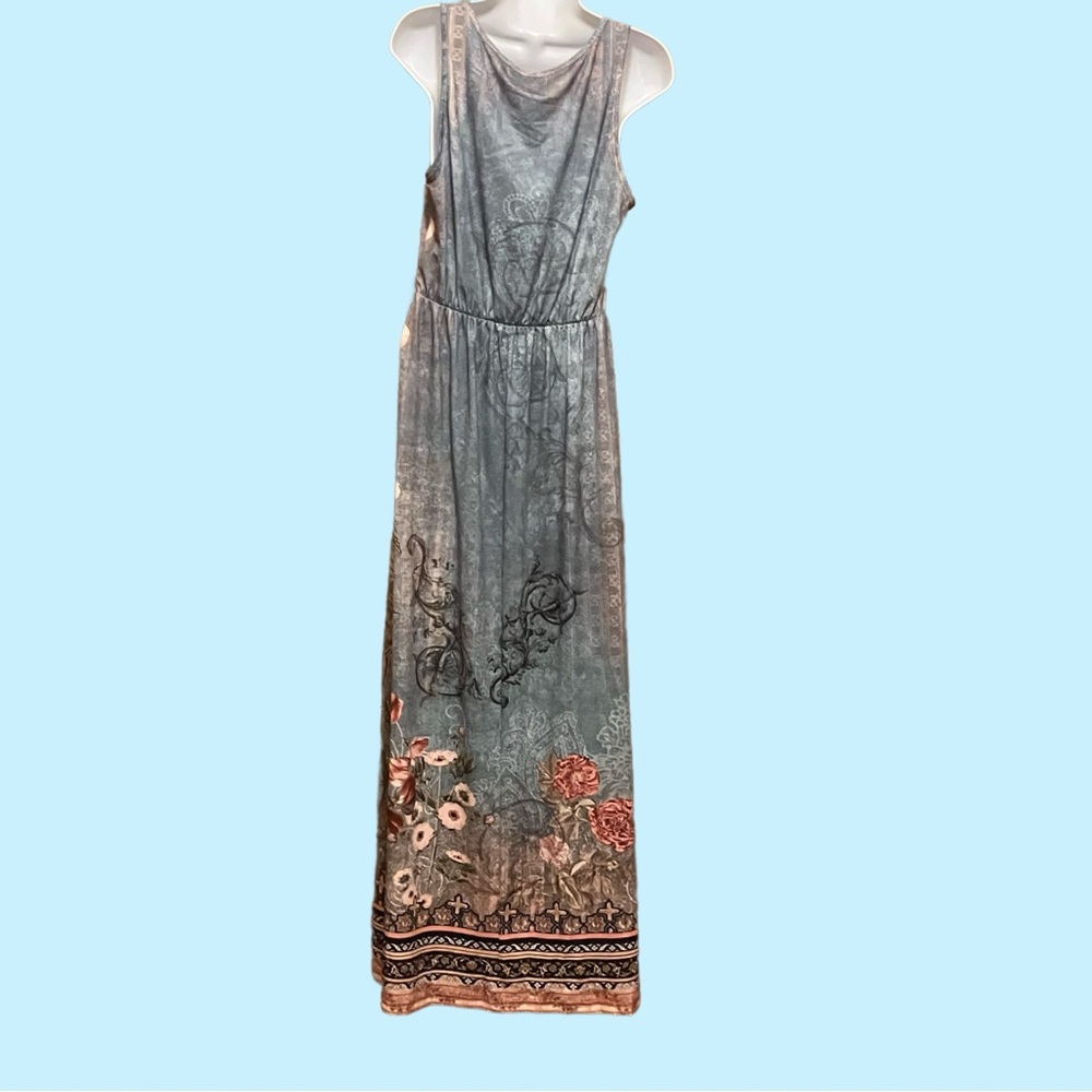 Floral Sleeveless Maxi Dress Green Pink Intricate Border Side Slit & Pockets!